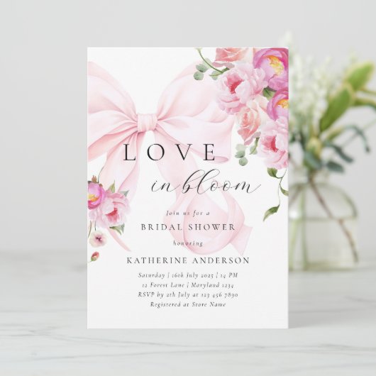 Roze Bow Bloemen Bruids Douche Uitnodiging (Staand voorkant)