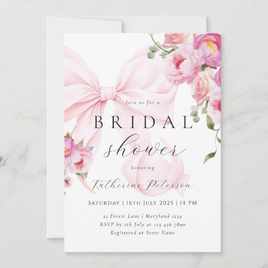 Roze Bow Bloemen Bruids Douche Uitnodiging (Voorkant)