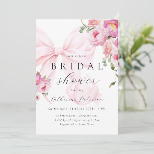 Roze Bow Bloemen Bruids Douche Uitnodiging (Staand voorkant)