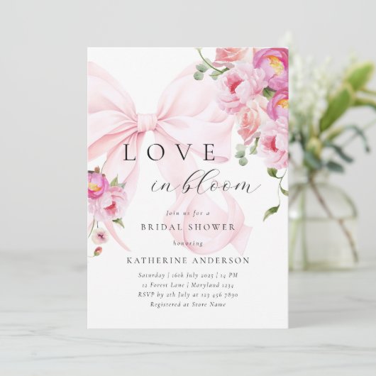 Roze Bow Bloemen Bruids Douche Uitnodiging (Staand voorkant)