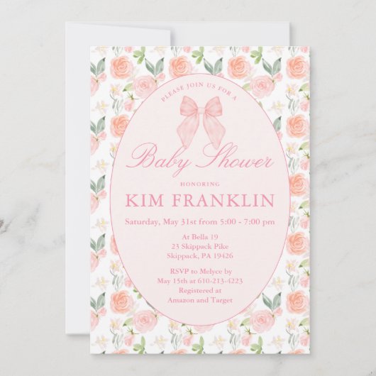 Roze Bow Bloemen Coquette Gingham Meisje Baby show Kaart (Voorkant)