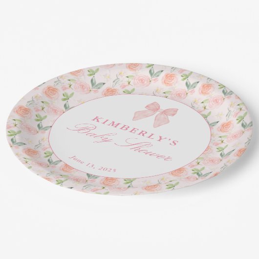 Roze Bow Bloemen Coquette Gingham Meisje Baby show Papieren Bordje (Gekanteld)