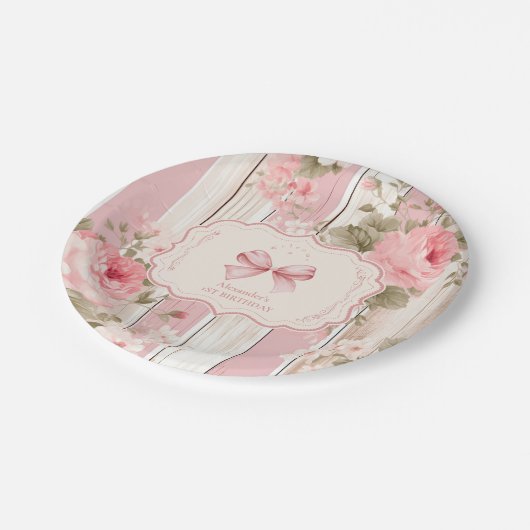 Roze Bow Bloemen Fancy Een Meisje 1e Verjaardag Papieren Bordje (Gekanteld)