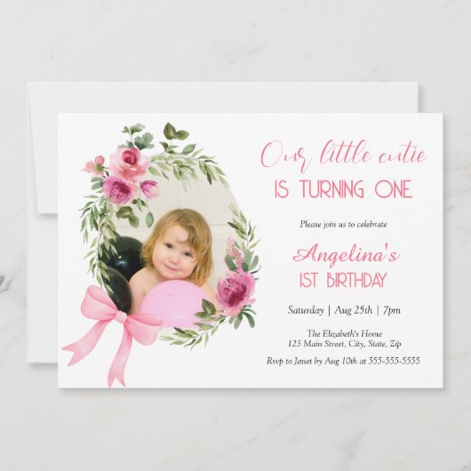 Roze Bow Bloemen Kleine Cutie Foto Verjaardag Kaart (Voorkant)