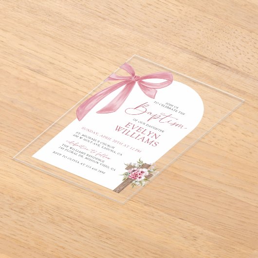 Roze Bow Bloemen Kruis Meisje Doop & Doop Acryl Uitnodigingen (Laagn)