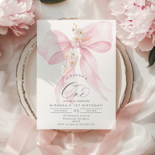 Roze Bow Bloemen Meisje 1e verjaardagsfeest Kaart