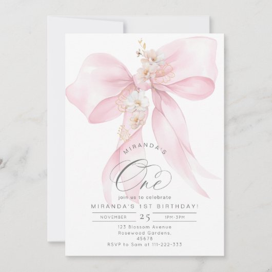 Roze Bow Bloemen Meisje 1e verjaardagsfeest Kaart (Voorkant)