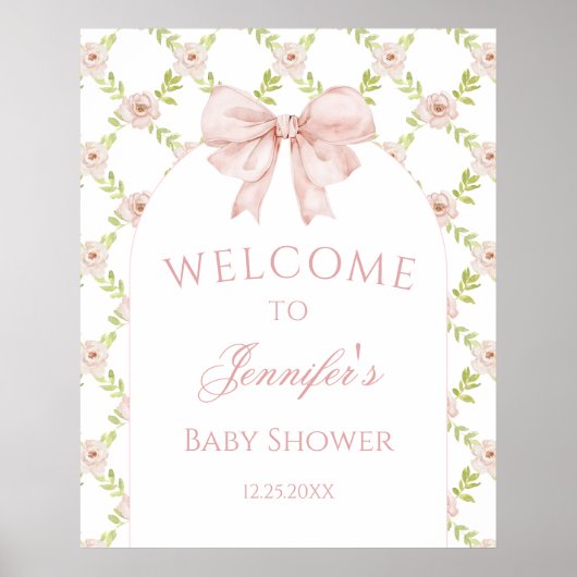 Roze Bow Bloemen Rozen Baby Meisje Douche Welkom Poster (Voorkant)