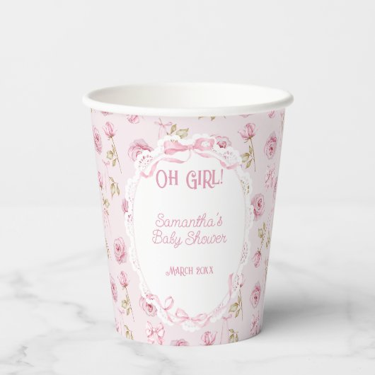 Roze Bow Bloemen Rozen  Baby shower Papieren Bekers (Achterkant)