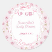 Roze Bow Bloemen Rozen  Baby shower Ronde Sticker (Voorkant)