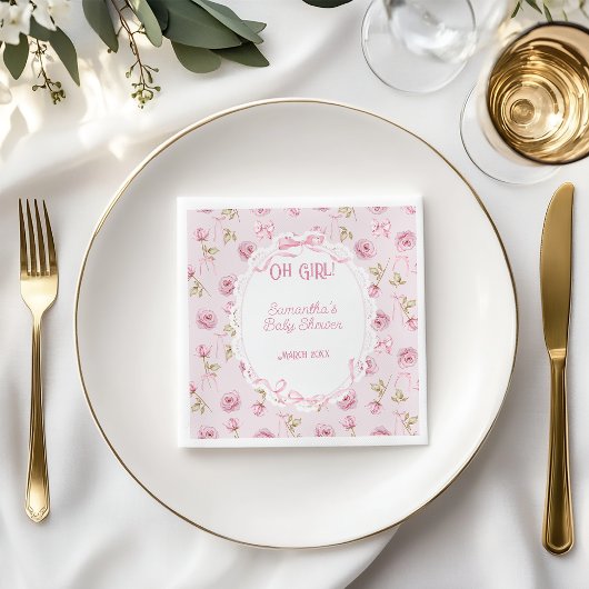Roze Bow Bloemen Rozen  Baby shower Servet