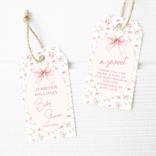 Roze Bow Bloemen Sweet Baby Meisje Douche Dank u Cadeaulabel