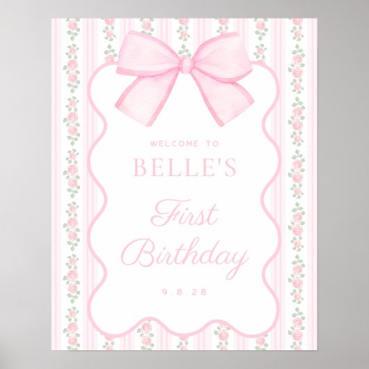  Roze Bow Bloemen Verjaardag Welkom Teken Poster (Voorkant)