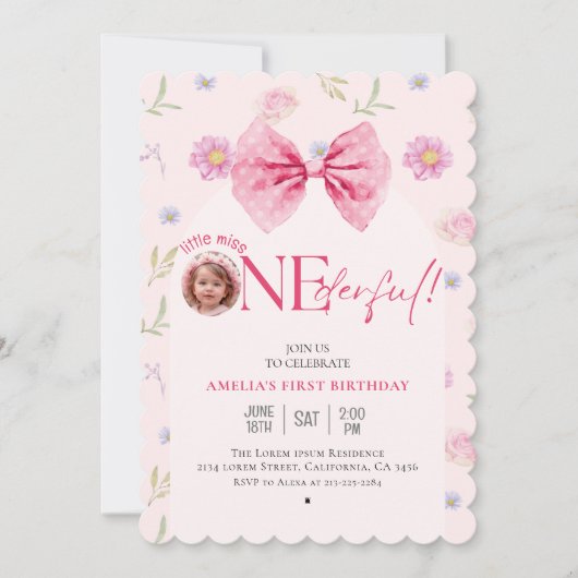 Roze Bow bloemige kleine miss Onederful 1e verjaar Kaart (Voorkant)
