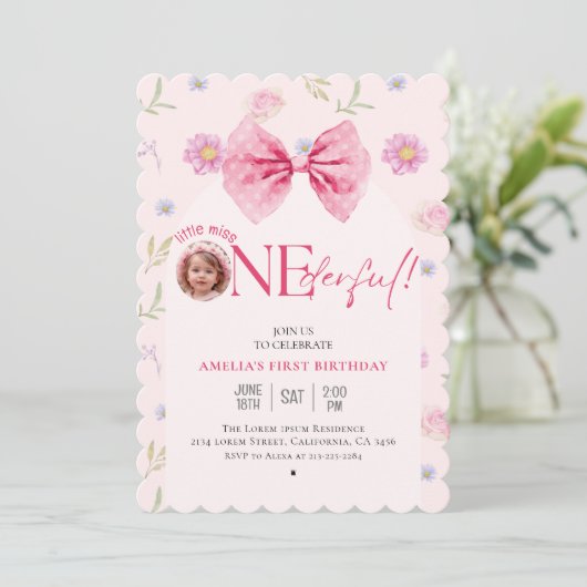 Roze Bow bloemige kleine miss Onederful 1e verjaar Kaart (Staand voorkant)