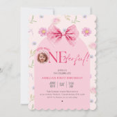 Roze Bow bloemige kleine miss Onederful 1e verjaar Kaart (Voorkant)