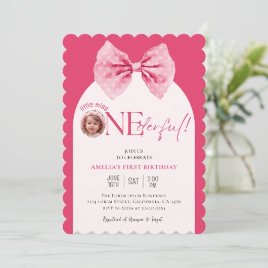 Roze Bow bloemige kleine miss Onederful 1e verjaar Kaart (Staand voorkant)