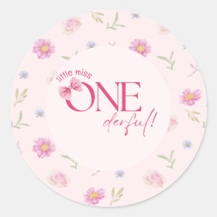 Roze Bow bloemige kleine miss Onederful 1e verjaar Ronde Sticker