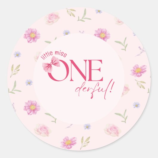 Roze Bow bloemige kleine miss Onederful 1e verjaar Ronde Sticker (Voorkant)