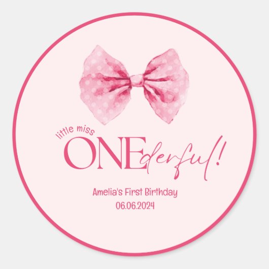 Roze Bow bloemige kleine miss Onederful 1e verjaar Ronde Sticker (Voorkant)