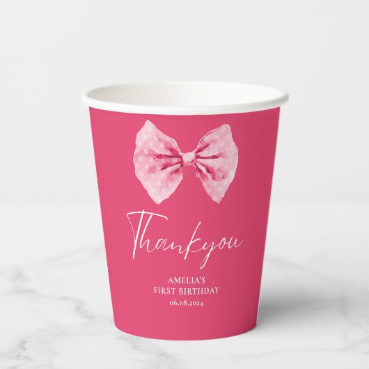 Roze Bow bloemige kleine miss Onederful verjaardag Papieren Bekers (Achterkant)