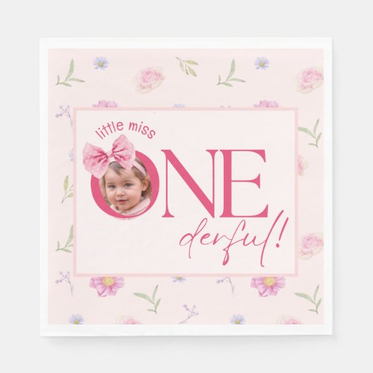 Roze Bow bloemige kleine miss Onederful verjaardag Servet (Voorkant)