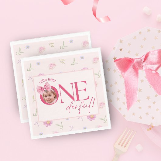 Roze Bow bloemige kleine miss Onederful verjaardag Servet