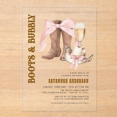 Roze Bow Boots & Bubble Western Vrijgezellenfeest Acryl Uitnodigingen (Voorkant)