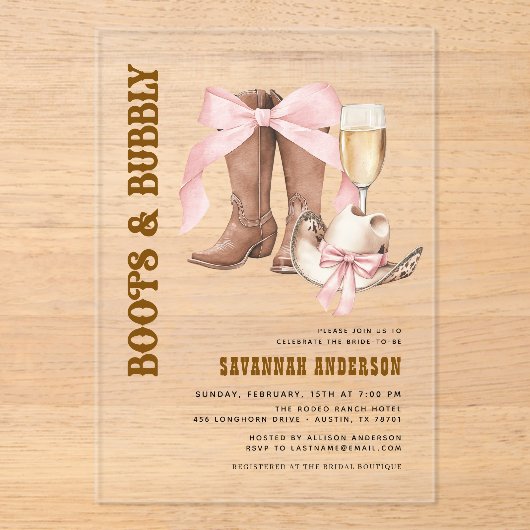 Roze Bow Boots & Bubble Western Vrijgezellenfeest Acryl Uitnodigingen (Voorkant)