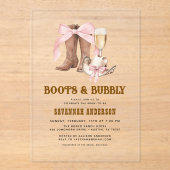 Roze Bow Boots & Bubble Western Vrijgezellenfeest Acryl Uitnodigingen (Voorkant)