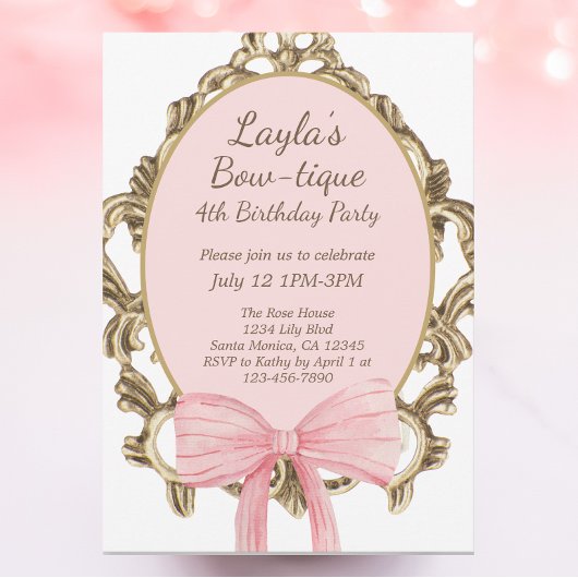 -roze Bow Boutique Princess Birthday Party Kaart