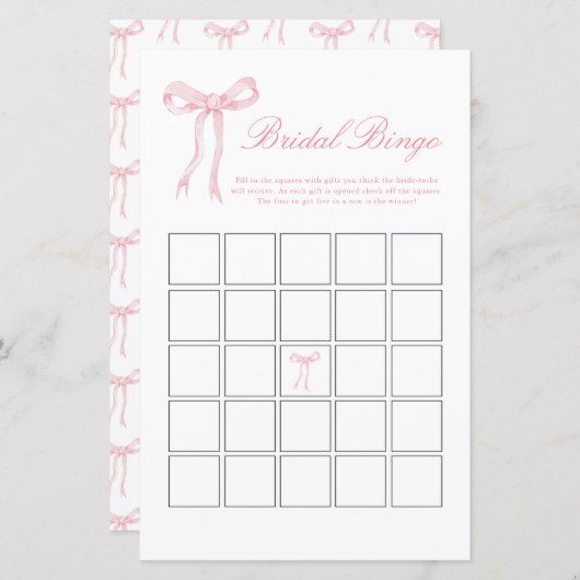 Roze Bow Bridal Bingo Roze Vrijgezellenfeest spel (Voorkant / Achterkant)