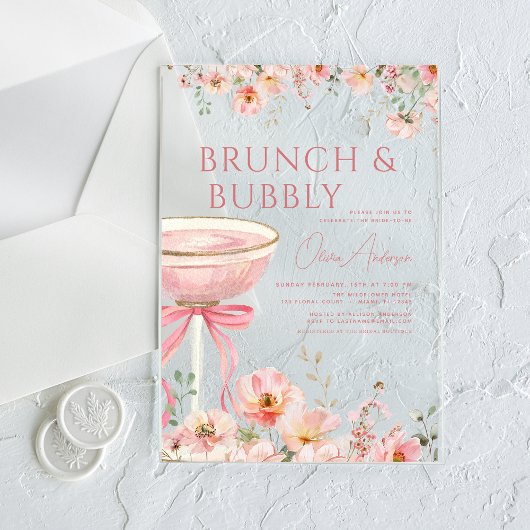 Roze Bow Brunch en Bubbly Champagne Vrijgezellenfe Acryl Uitnodigingen
