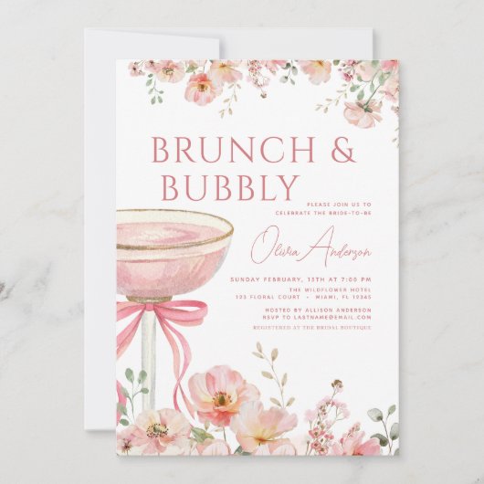 Roze Bow Brunch en Bubbly Champagne Vrijgezellenfe Kaart (Voorkant)