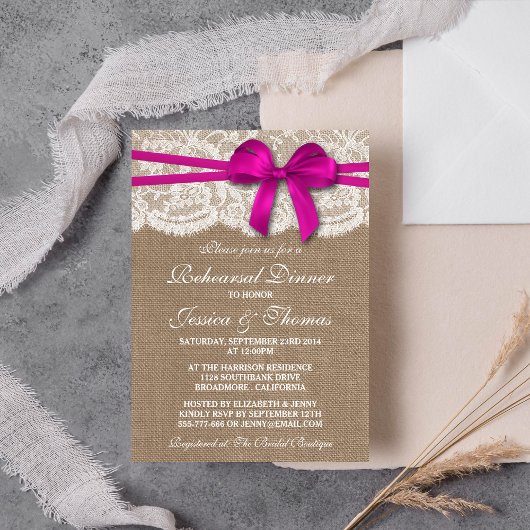 Roze Bow Burlap & Lace Wedding Rehearsal Dinner Kaart