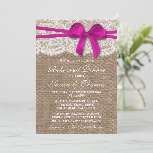Roze Bow Burlap & Lace Wedding Rehearsal Dinner Kaart (Staand voorkant)