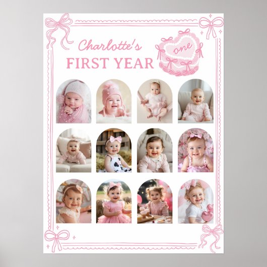 Roze Bow Cake Eerste jaar Foto Milestone Poster (Voorkant)