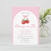 Roze Bow Cherry op Top Baby shower Gingham Kaart (Staand voorkant)