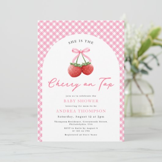 Roze Bow Cherry op Top Baby shower Gingham Kaart (Staand voorkant)