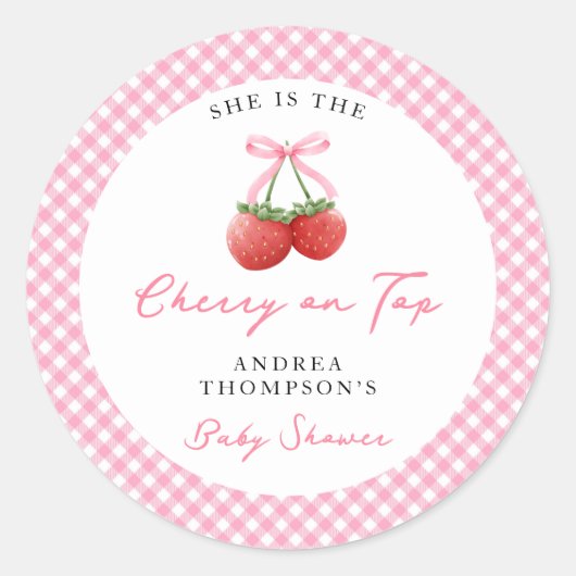 Roze Bow Cherry op Top Baby shower Gingham Ronde Sticker (Voorkant)