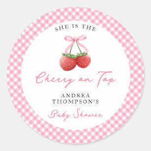 Roze Bow Cherry op Top Baby shower Gingham Ronde Sticker