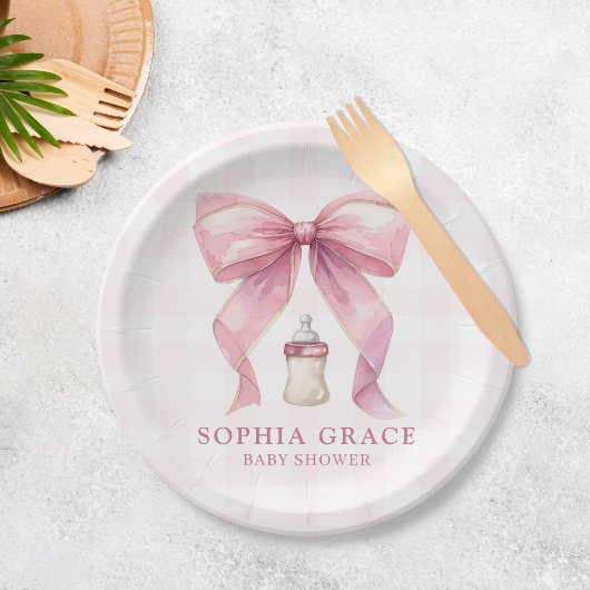 Roze Bow Chic Coquette Meisje Baby shower Papieren Bordje