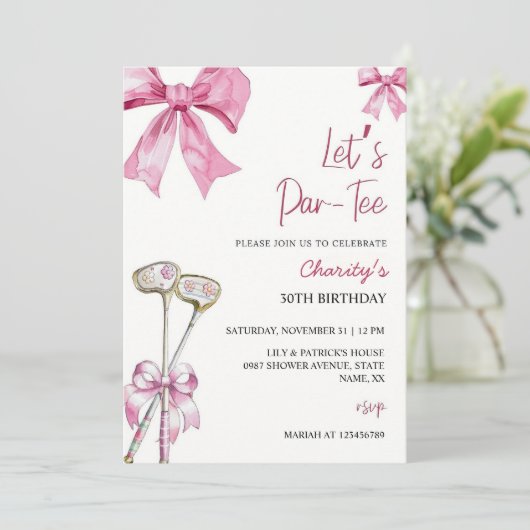 Roze Bow & Club Golf Verjaardag Uitnodiging Let's  (Staand voorkant)