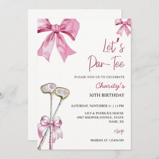 Roze Bow & Club Golf Verjaardag Uitnodiging Let's  (Voorkant / Achterkant)
