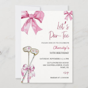 Roze Bow & Club Golf Verjaardag Uitnodiging Let's 