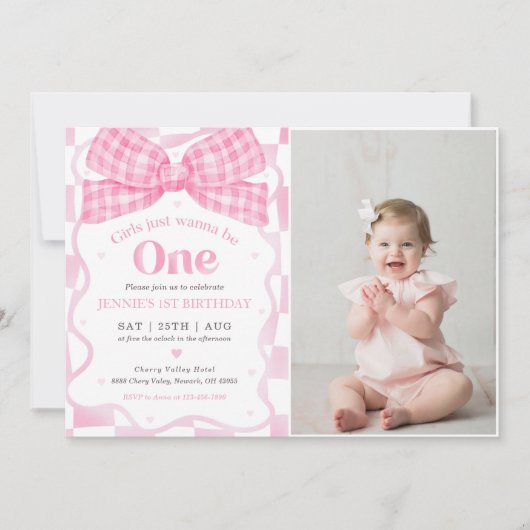 Roze Bow Coquette 1e Verjaardag Party Foto Kaart