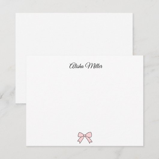 Roze Bow Coquette Aangepaste Naam Stationery Notitiekaartje (Voorkant / Achterkant)