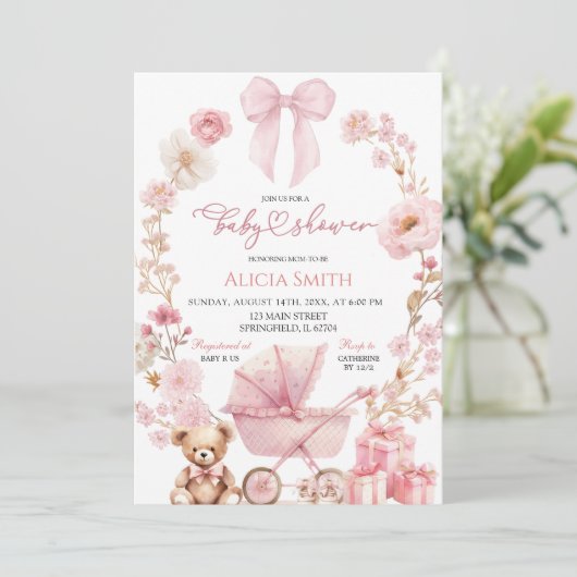 Roze Bow Coquette Baby Carriage Baby shower Kaart (Staand voorkant)