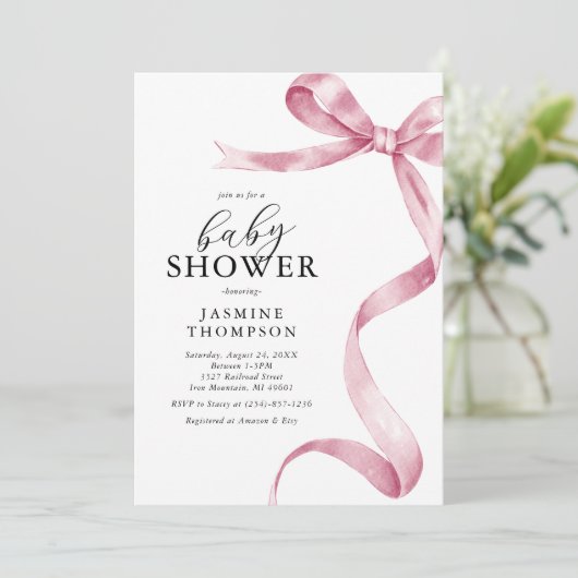 Roze Bow Coquette Baby shower Kaart (Staand voorkant)