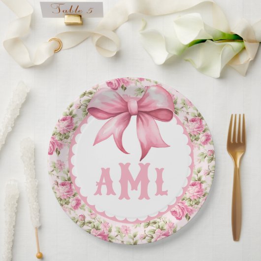 Roze Bow Coquette Baby shower Monogram Papieren Bordje (Huwelijk)